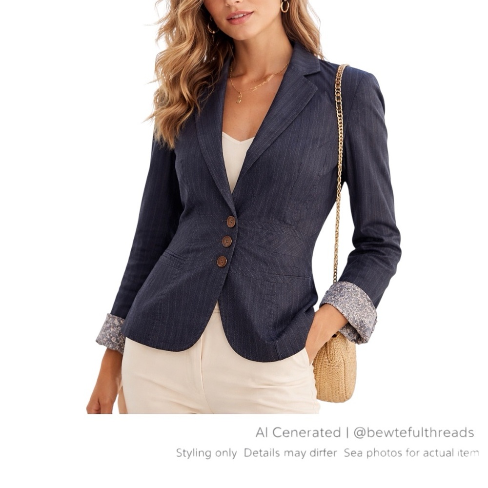 Parisian Chic Tailored Denim Blazer Pinstripe Contrast Cuff Jacket Sz 8